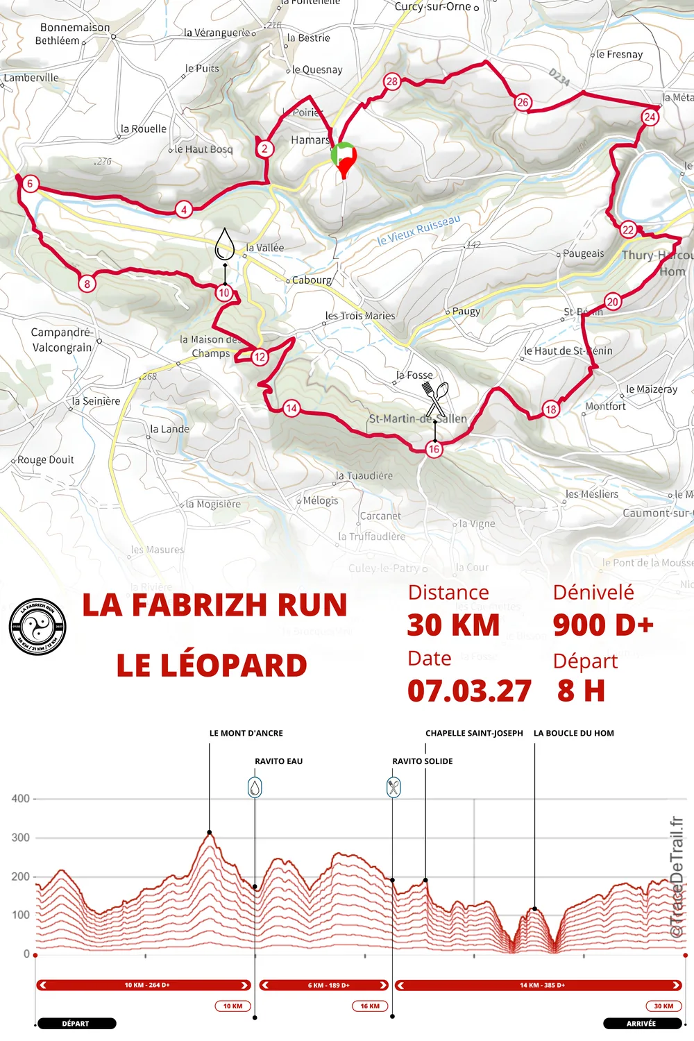Affiche du Trail 30 km Le Léopard : carte du parcours, profil de dénivelé, ravito eau au km 10 et ravito solide au km 16