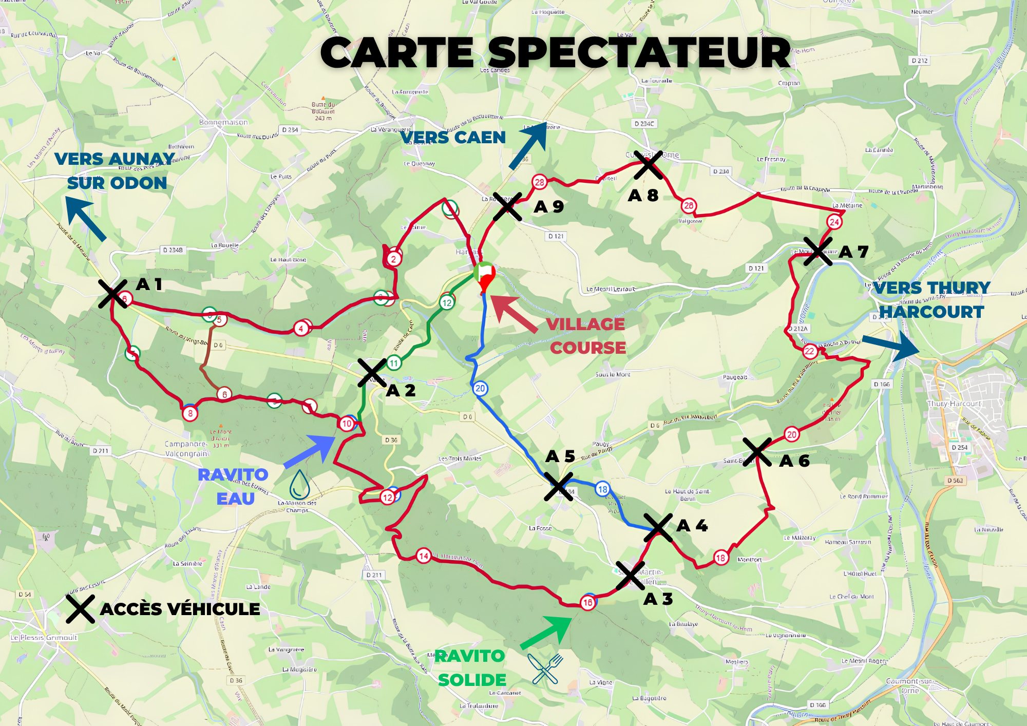 Carte spectateurs : les parcours autour de Hamars, le village course, le ravito eau, le ravito solide et les points d'accès en voiture A1 à A9