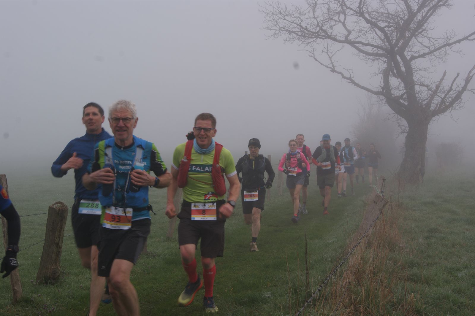 Groupe de coureurs sur un chemin dans le brouillard