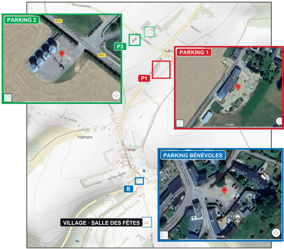 Plan des parkings : parking 1 route de la Rouillière et parking 2 route des Fermes, au nord de Hamars, parking bénévoles rue de l'Église, et le village de la salle des fêtes