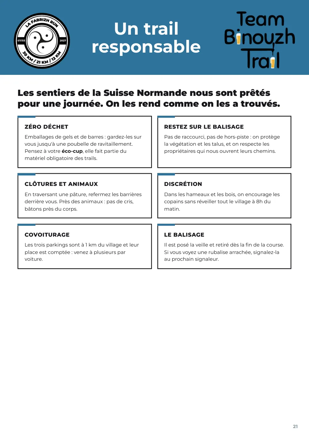 Road book 2027, page 21 : un trail responsable