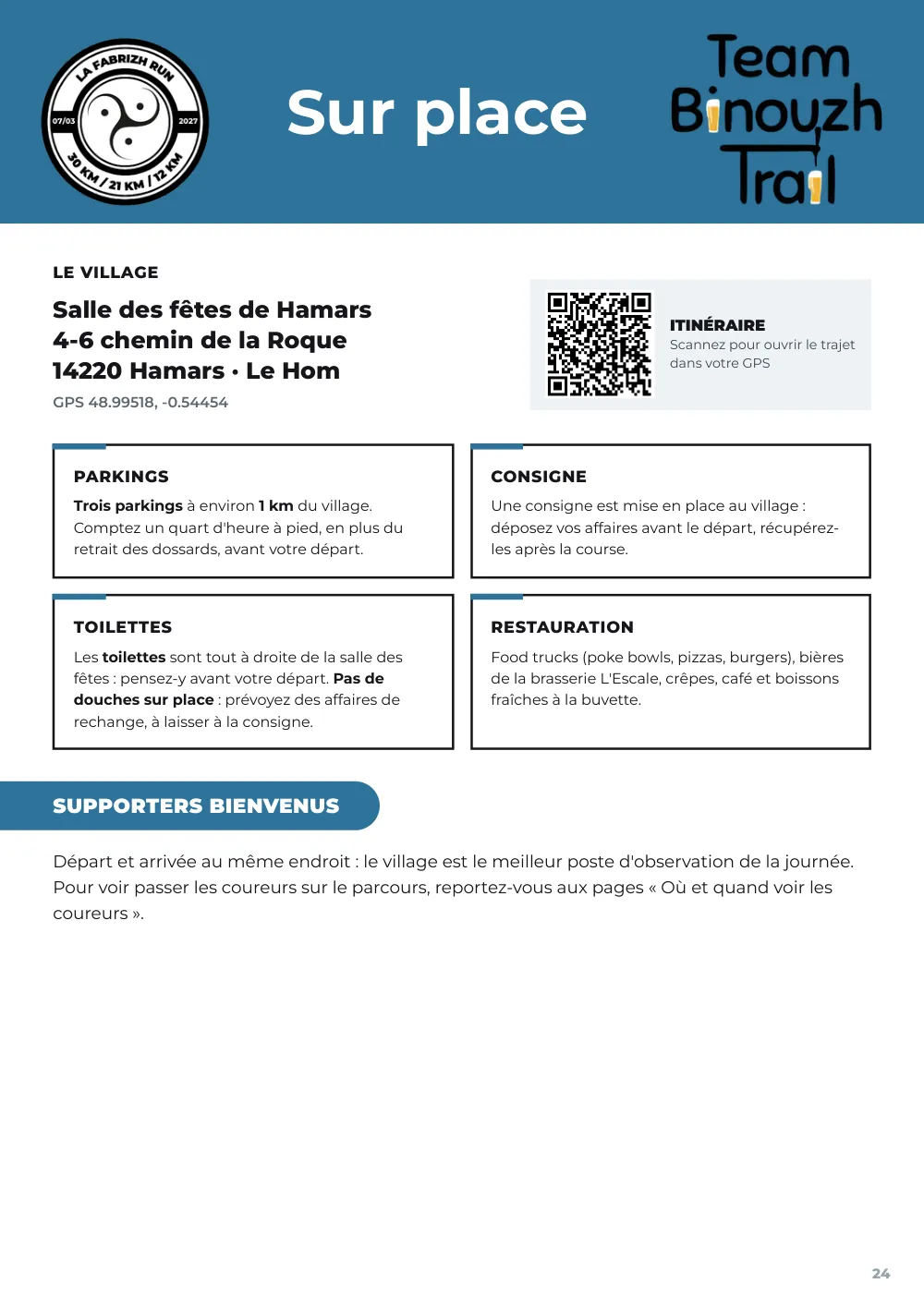 Road book 2027, page 24 : accès, parkings, consigne