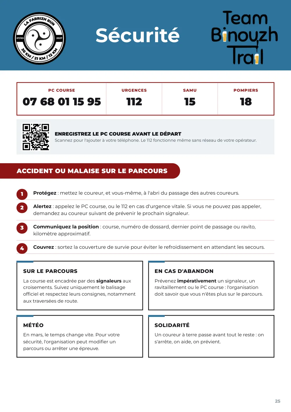 Road book 2027, page 25 : sécurité et abandon