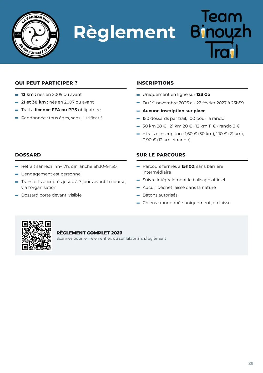Road book 2027, page 28 : le règlement, l'essentiel